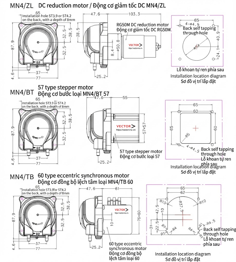 Bản vẽ kích thước so sánh các loại động cơ bơm MN4