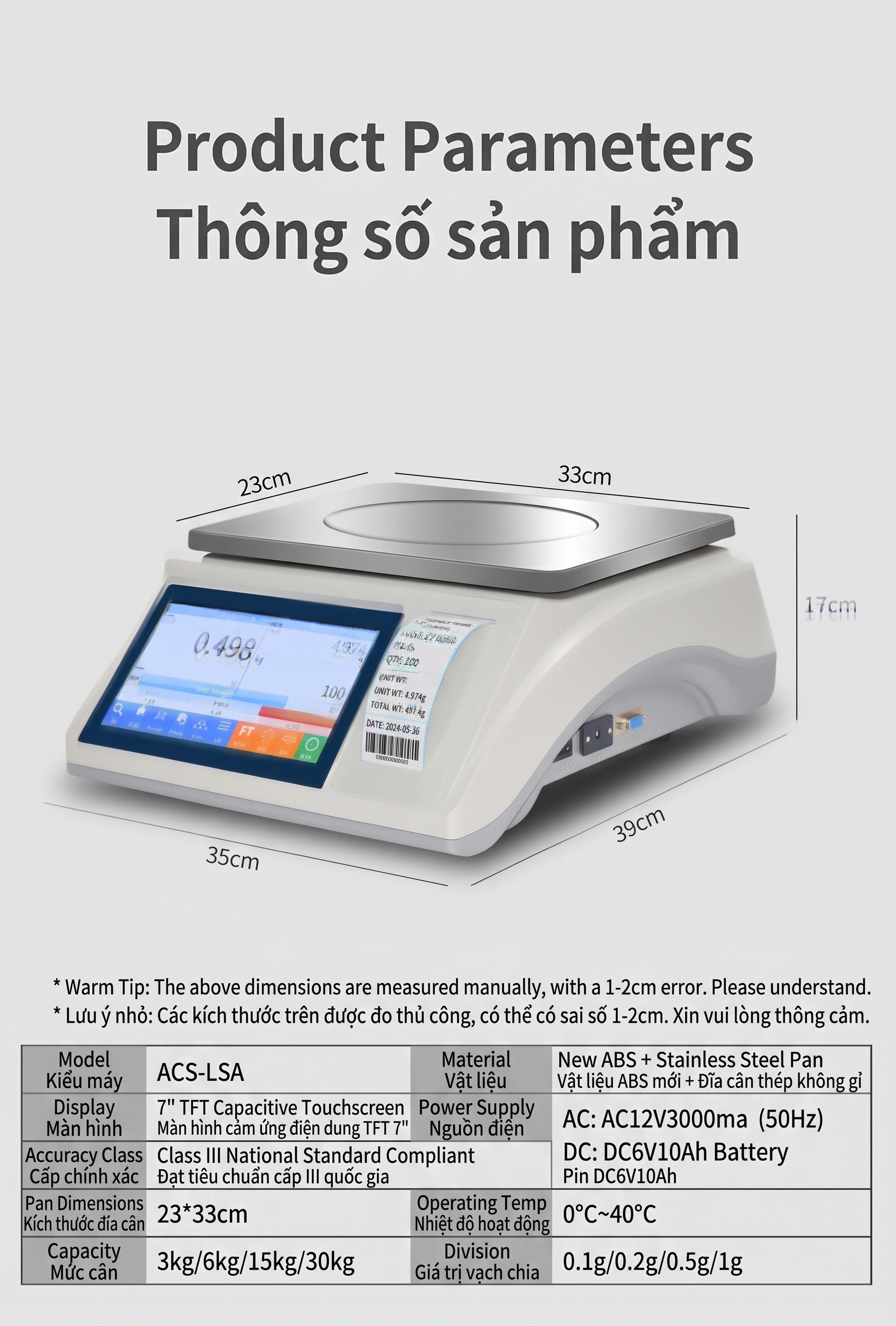 Đĩa cân và kích thước cân điện tử VT-CTM